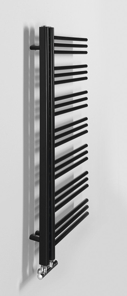 Kopalniški radiator SAPHO DORLION, 500 × 1200 mm, mat črn – izdelek 1130-21 – dodatni pogled 1. Na sliki so prikazani tudi priključni ventili; vsebina nakupa je navedena v opisu.