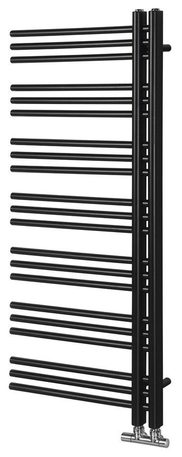 Kopalniški radiator SAPHO DORLION, 500 × 1200 mm, mat črn – izdelek 1130-21 – dodatni pogled 4. Na sliki so prikazani tudi priključni ventili; vsebina nakupa je navedena v opisu.