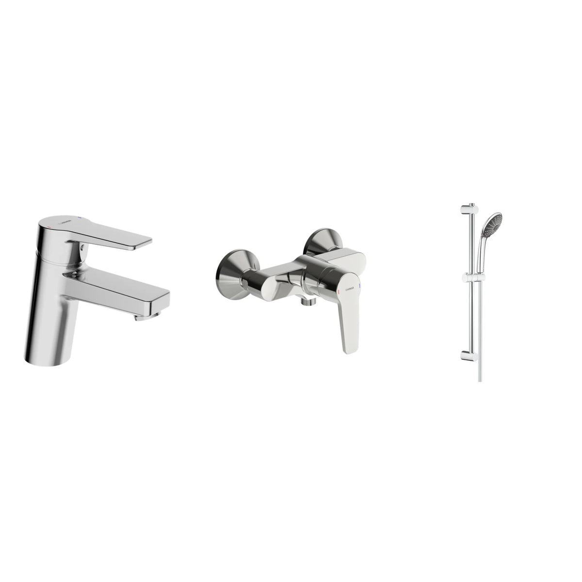 Sestav SvetDoma N12 – HANSA TWIST armatura za umivalnik, HANSA POLO prhalna armatura in GROHE Vitalio Joy prhalni set, krom; kolaž fotografij proizvajalcev, razmerje velikosti ni merilo