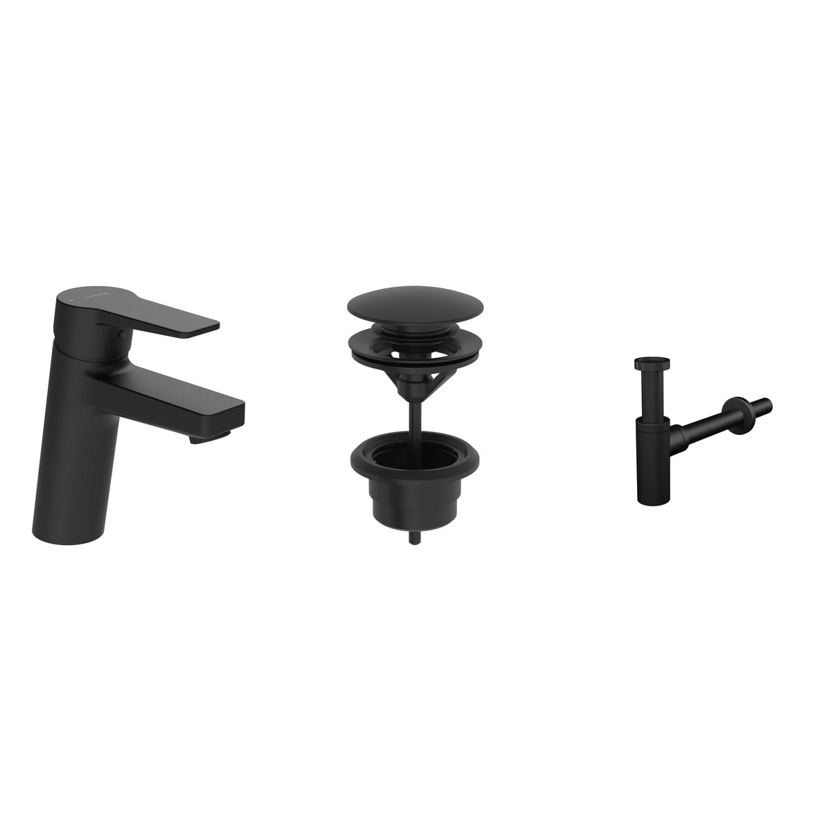 Sestav SvetDoma N17: armatura HANSA TWIST 0902228333, odtočni ventil HANSA 0764010033 in sifon ALCA A400BLACK, mat črna – prikaz komponent, brez merila