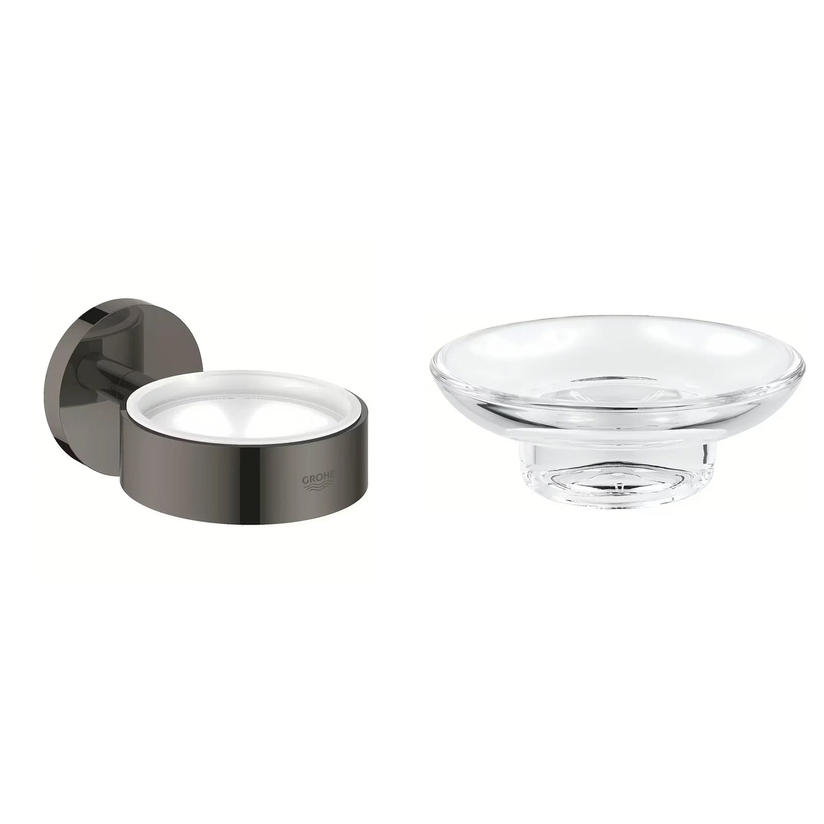 Sestav SvetDoma N19A: stensko držalo GROHE Essentials 40369A01 (Hard Graphite) in milnica iz stekla GROHE 40368001 – prikaz komponent, brez merila