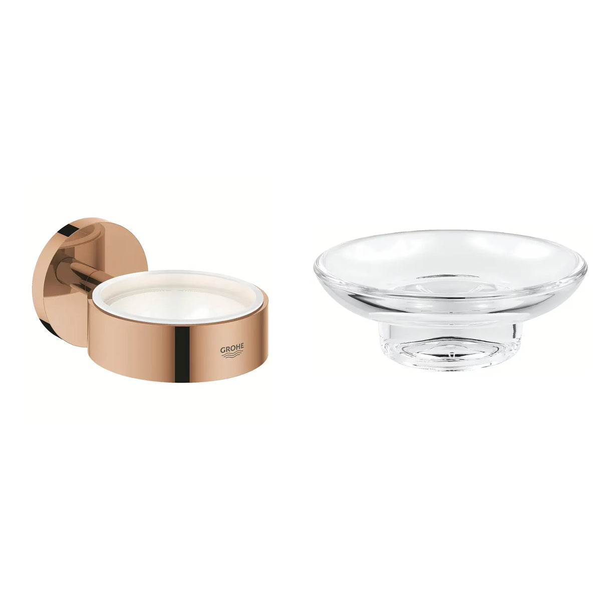 Sestav SvetDoma N19B: stensko držalo GROHE Essentials 40369DA1 (Warm Sunset) in milnica iz stekla GROHE 40368001 – prikaz komponent, brez merila